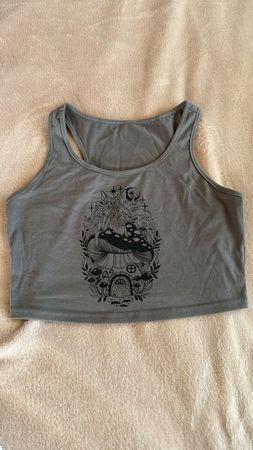 Graues Crop Top mit Pilz & Feenwald Print, Sommerlich, Gr. S