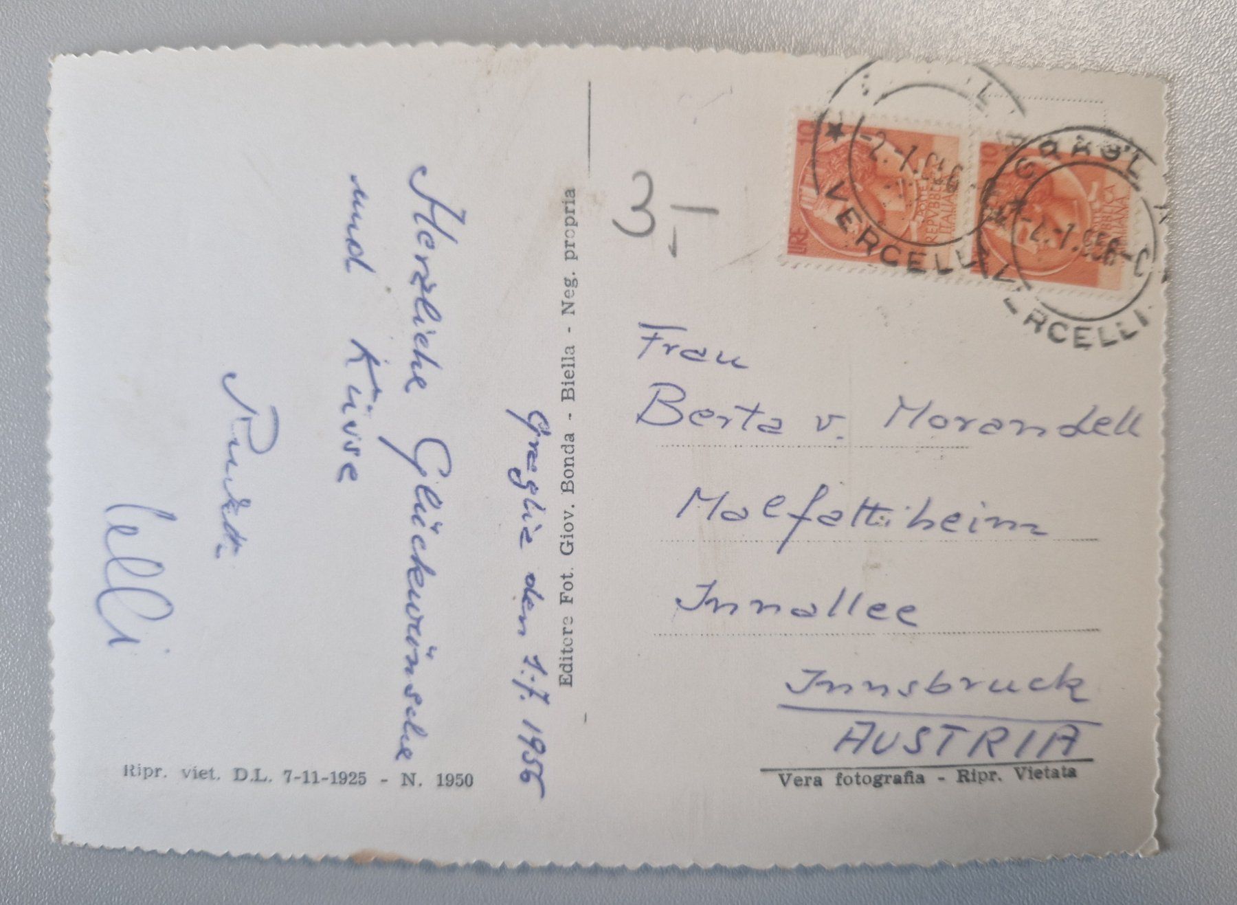 Cartoline postali: Graglia, Italien, 1956 – Usato da Melchnau venduto da Fishel 1