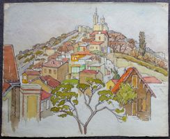 Bild Gemälde Aquarell: Kirche auf Stadthügel, um 1980