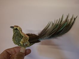 neu: Deko Vogel gold grün mit Federn und Pailletten