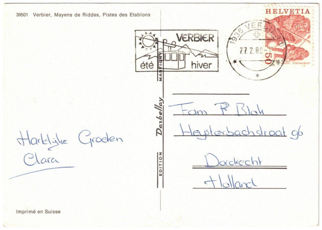 Cartoline postali: Verbier - Skilift Chablotays--Les Etablons de Riddes – Usato da Binningen venduto da Mountainrider 1
