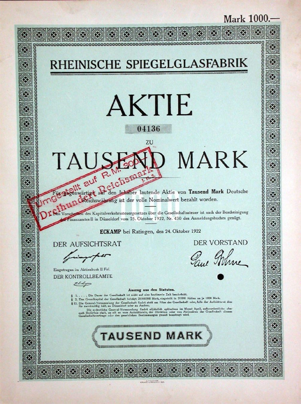 Documenti: Rheinische Spiegelglasfabrik, Eckamp - 1922 – Usato da Solothurn venduto da Sgasche