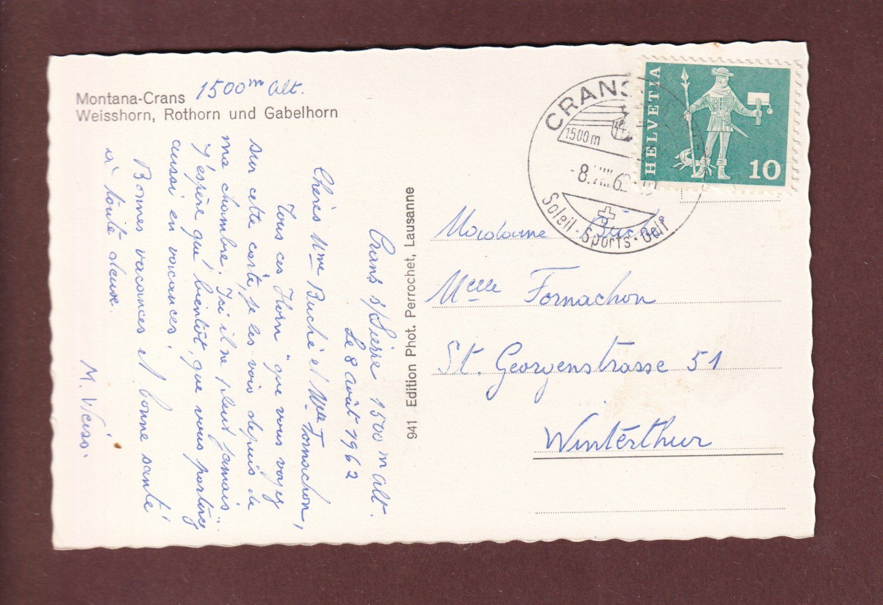 Cartoline postali: MONTANA-CRANS - 1962 – Usato da Pully venduto da nicecards 1