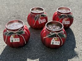 4 rote Teelichthalter, Weihnachten Deko, Winterzeit