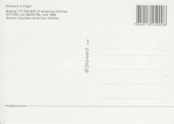 Cartoline postali: Boeing 777-223, American Airlines – Usato da Zuerich venduto da OceanLinerPostcards 1