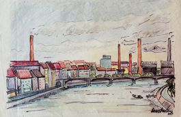 Hans Bähler - Pastell Kreide, Basel, Rhein, 1952