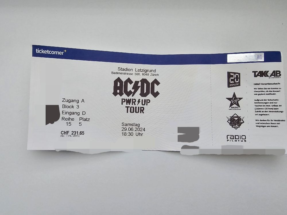 AC/DC Konzertticket Zürich, 29.06.2024, Block 3, entwertet | Kaufen auf ...