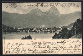AK Brunnen, Blick vom See aus zum Ort