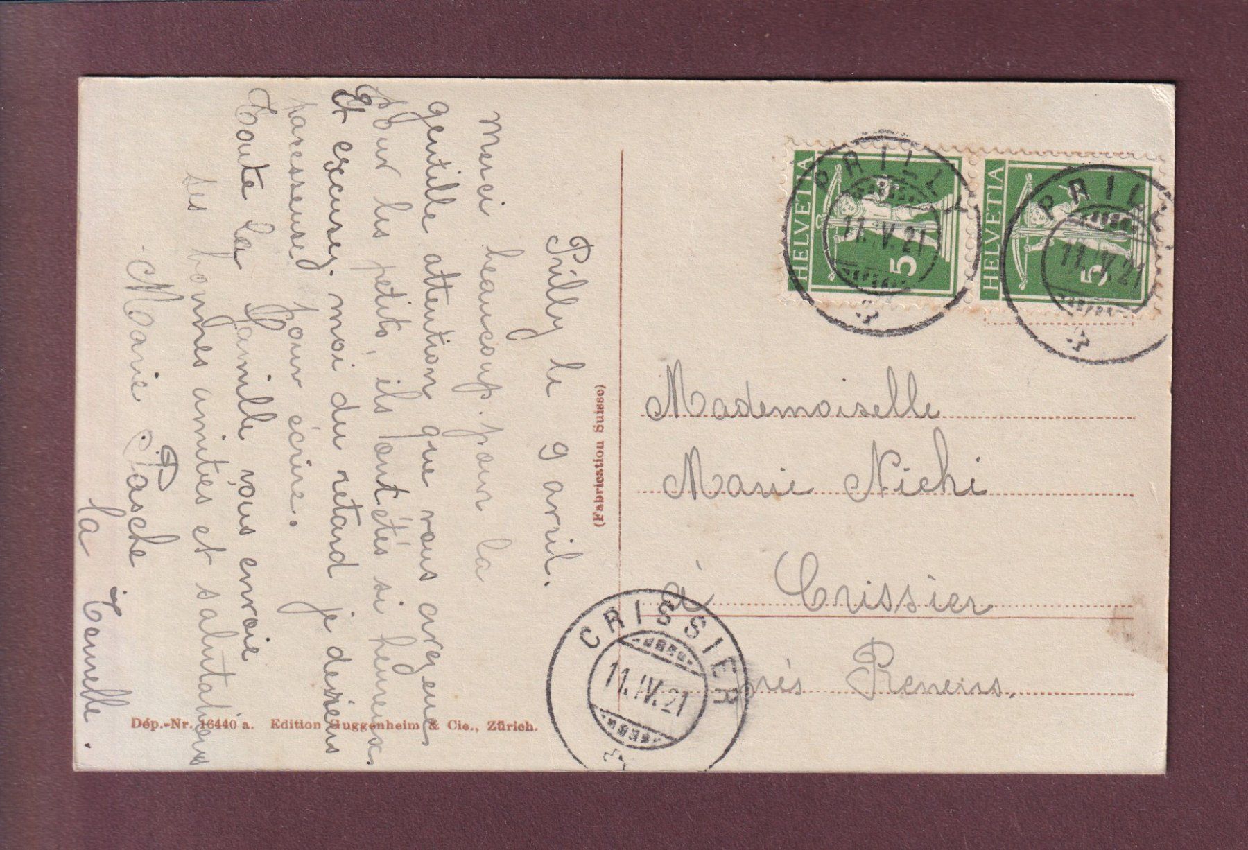 Cartoline postali: PRILLY - L'Eglise - 1921 – Usato da Pully venduto da nicecards 1