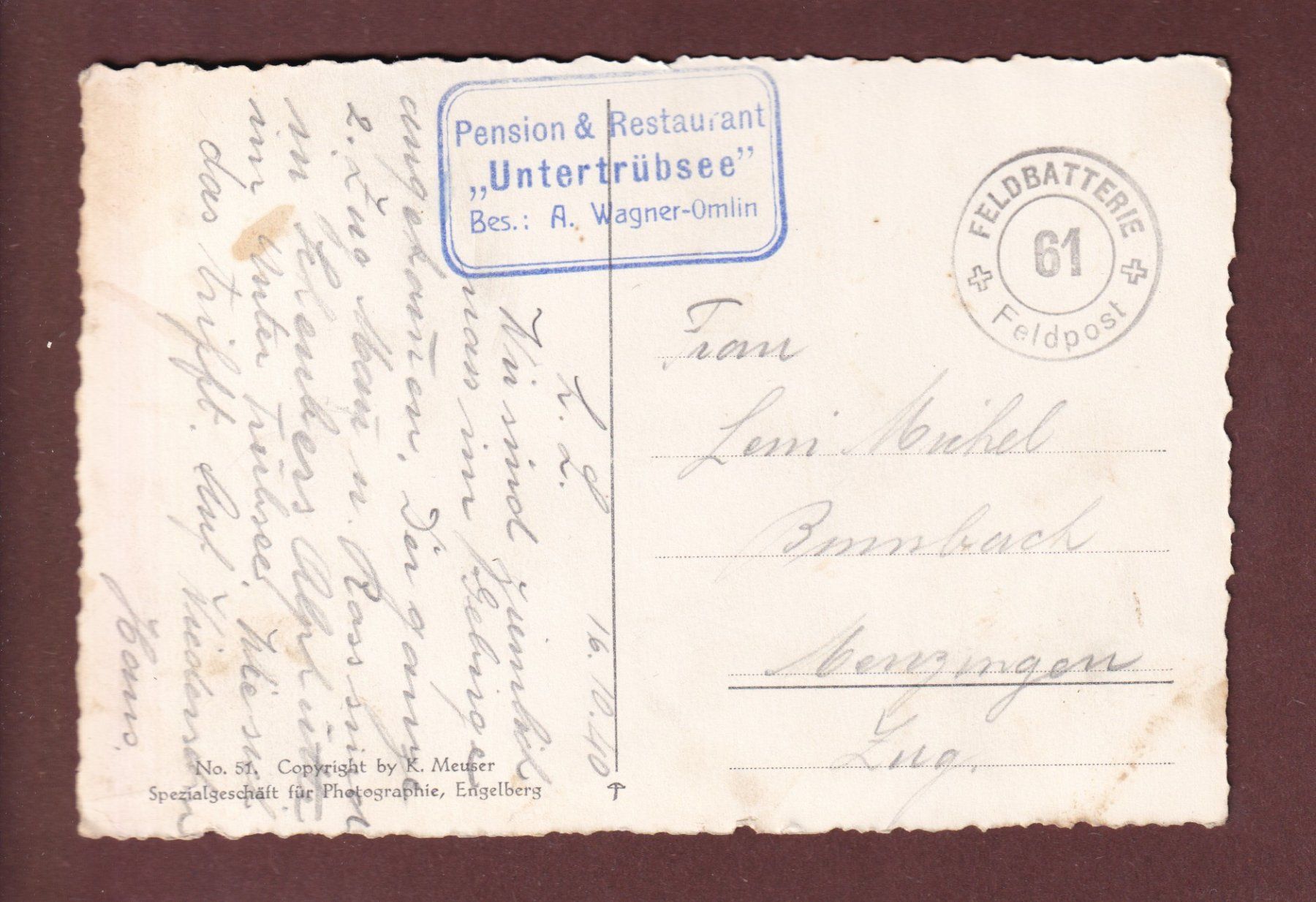 Cartoline postali: Pension UNTERTRÜBSEE - 1940 Feldpost – Usato da Pully venduto da nicecards-shop 1