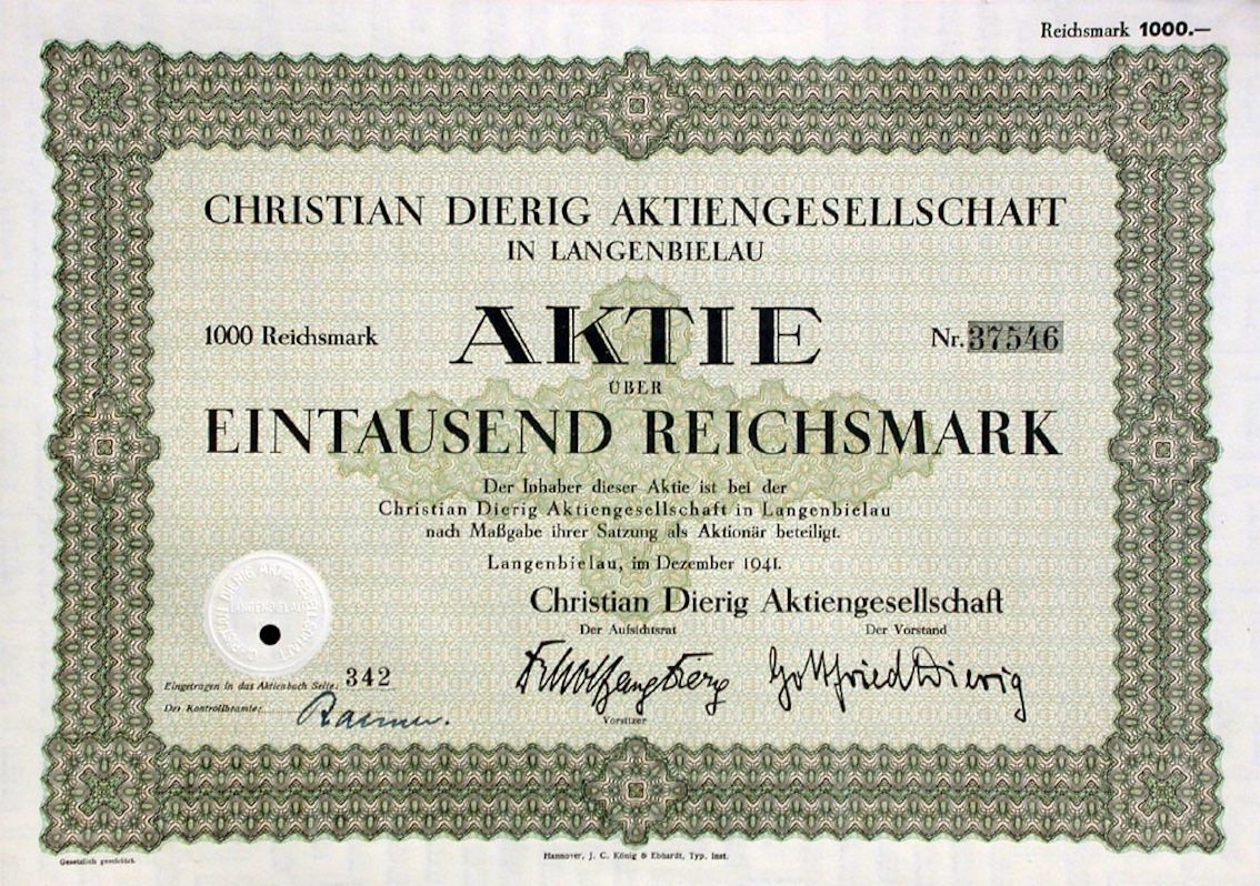 Documenti: Christian Dierig AG, Langenbielau - 1941 – Usato da Solothurn venduto da Sgasche