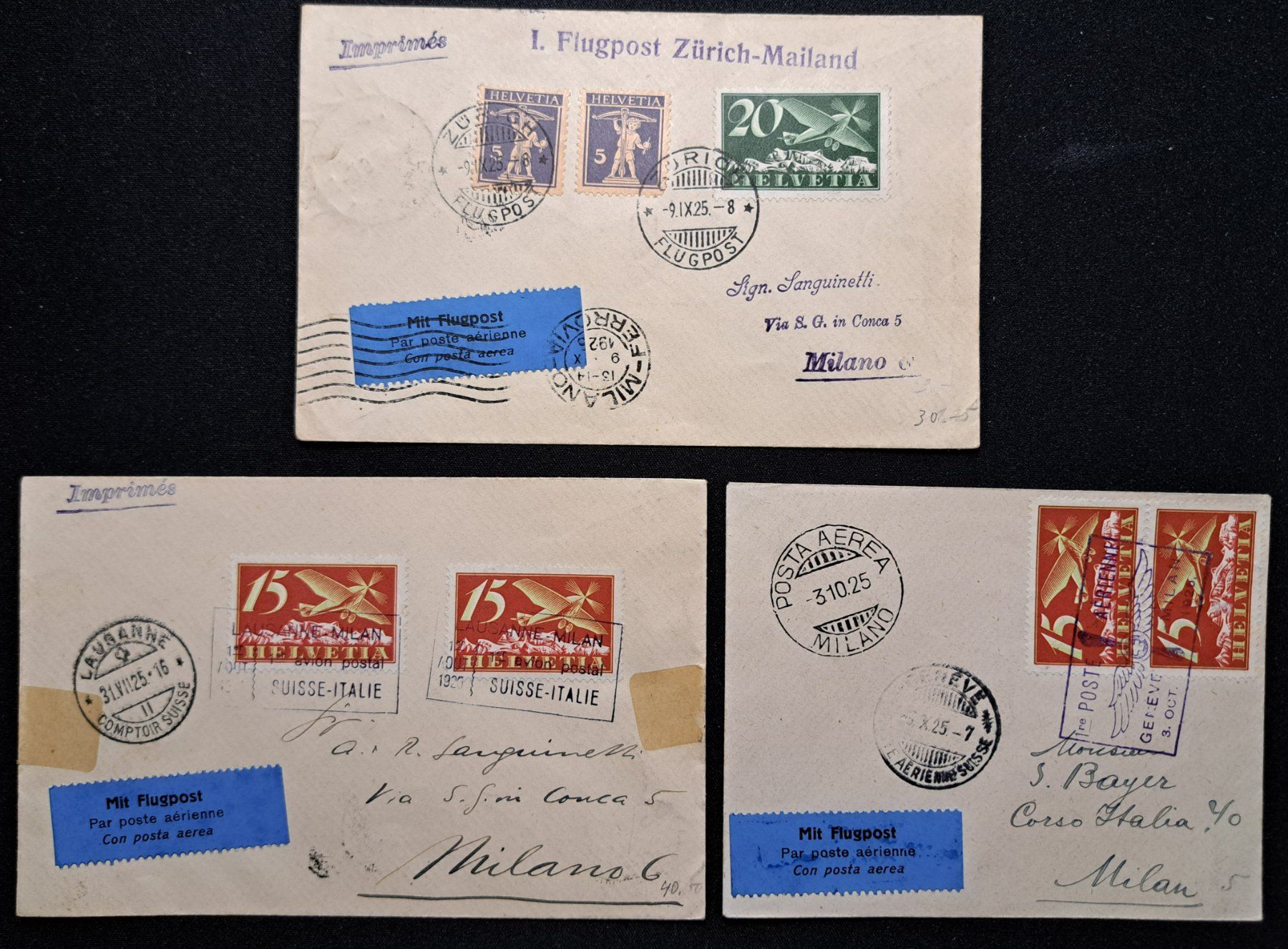 Tutti i francobolli: Lot 3x 1. Flugpost Briefe – Usato da Unterägeri venduto da PhilatelieStudiger