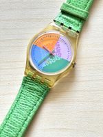 Swatch Uhr farbig Zifferblatt Gruenes Lederarmband Damen