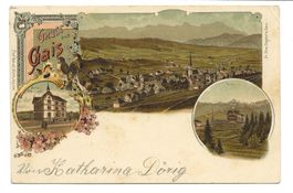 Gruss aus Gais (AR) Neues Schulhaus - Gäbris - Litho um 1900