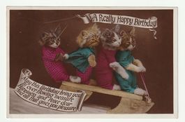 Vintage Geburtstagskarte, Katzen auf Schlitten, Rarität