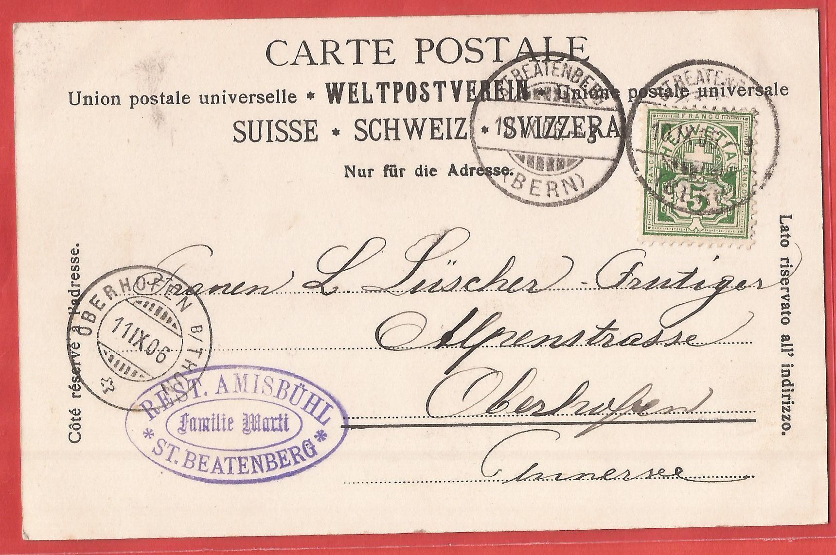 Cartoline postali: Beatenberg - Restaurant Amisbühl - 1906 – Usato da Fislisbach venduto da Porano 1