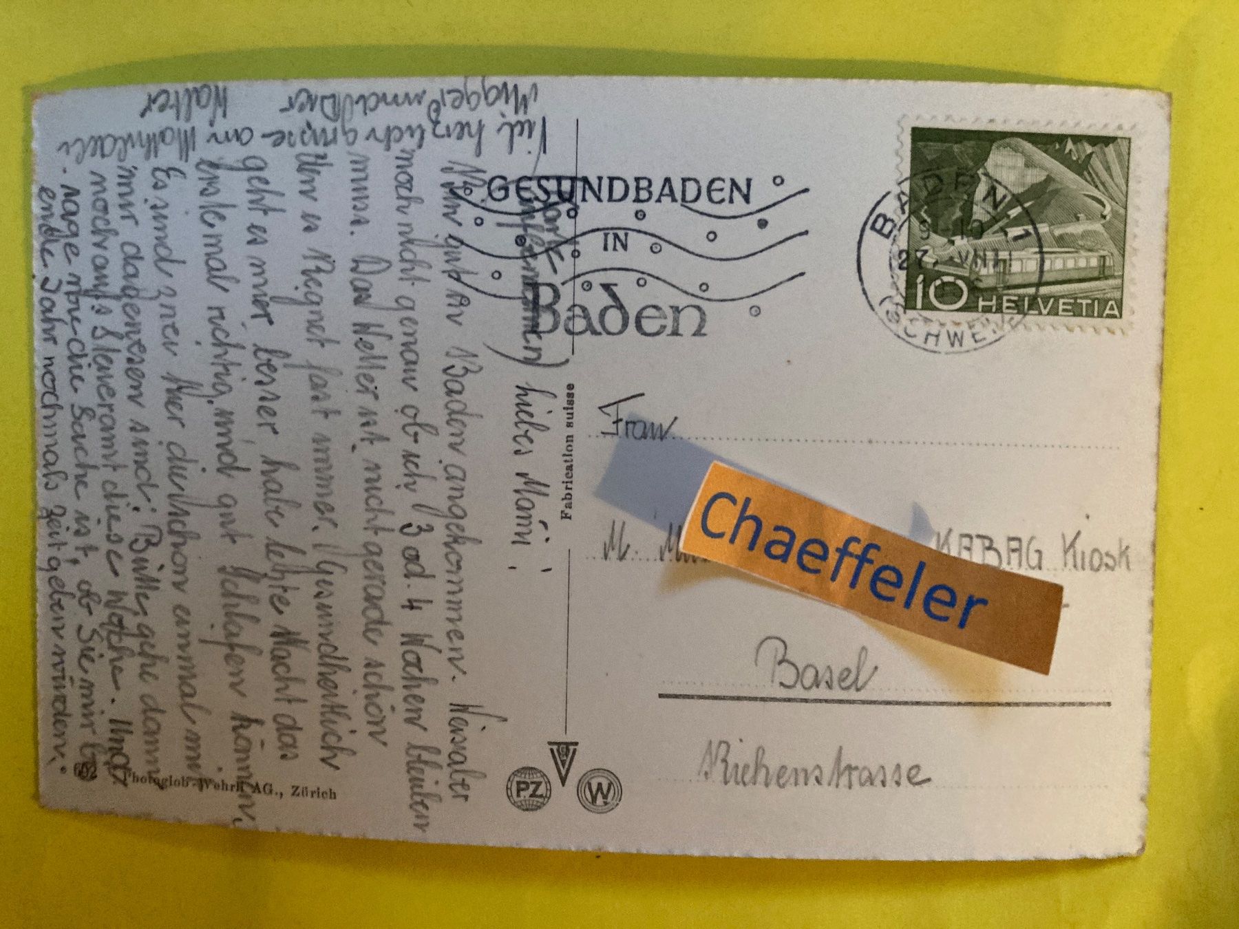 Cartoline postali: 1956 Baden Stadtturm – Usato da Zürich venduto da Chaeffeler 1