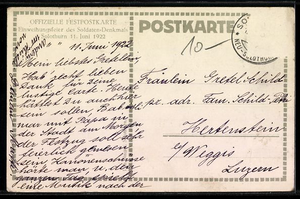 Cartes postales: Solothurn, Einweihung des Soldaten-Denkm – D'occasion à Berlin par bartko-reher 1