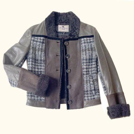 Jacke Gr. XS ETRO Luxus Leder Tweed Lammfell - wie neu