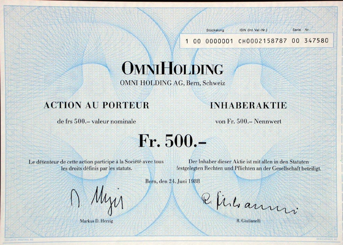 Documenti: Omni Holding AG, Bern - 1988 – Usato da Solothurn venduto da Sgasche