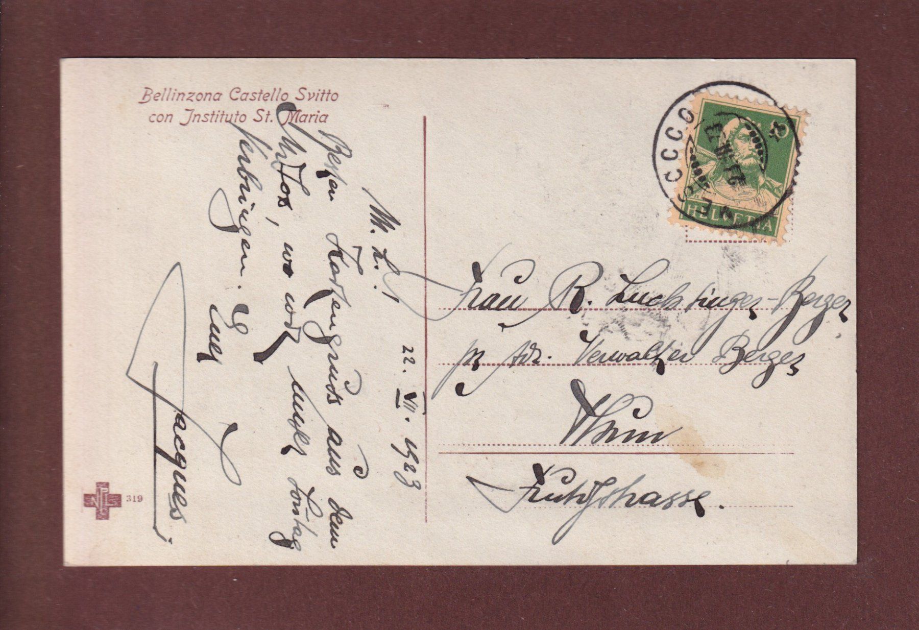 Cartoline postali: BELLINZONA - Instituto St. Maria - 1923 – Usato da Pully venduto da nicecards 1