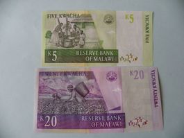 Malawi Banknoten, 5 und 20 Kwacha, Top Zustand, Rarität