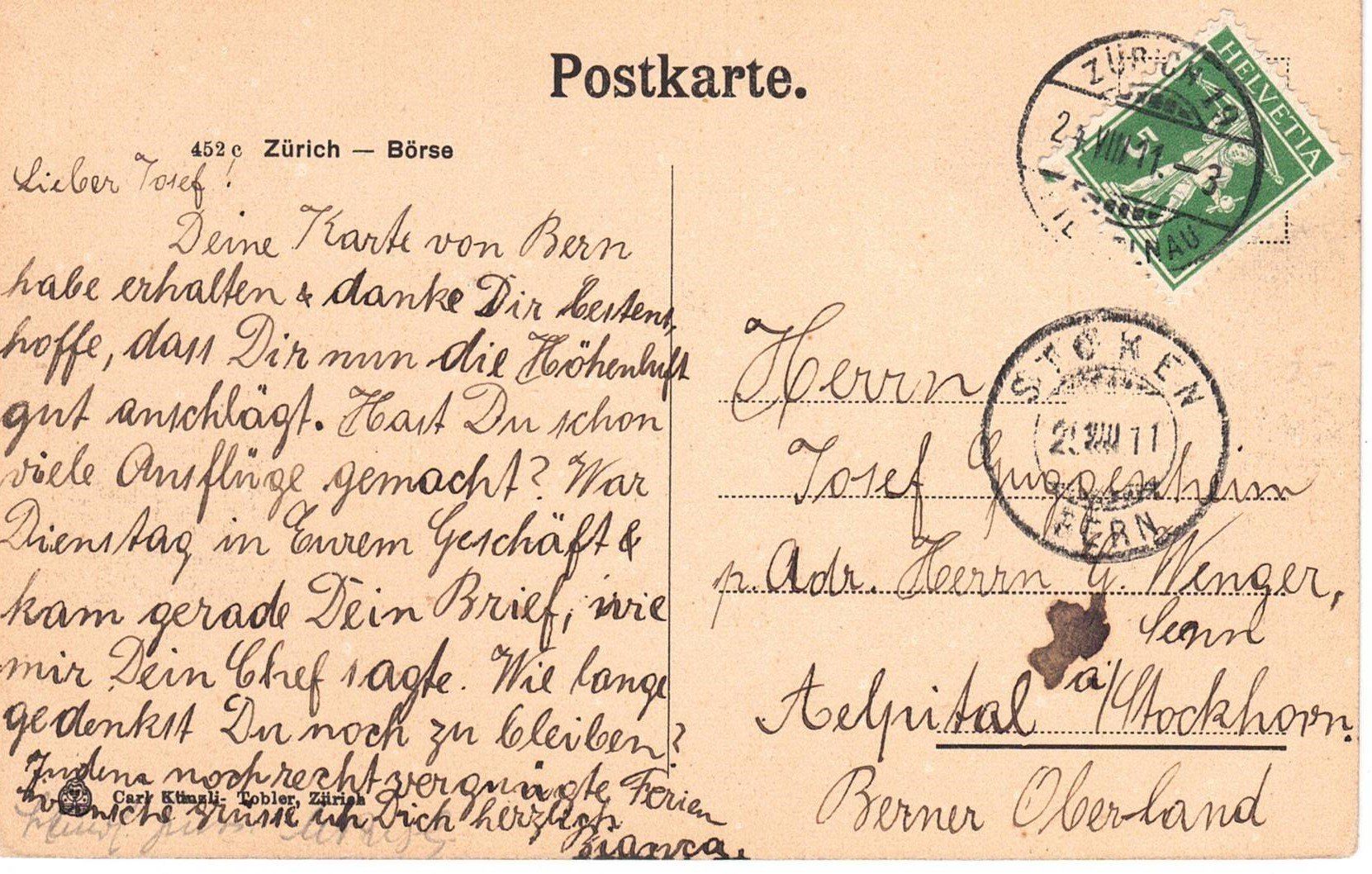 Cartoline postali: 1911 Zürich, Börse – Usato da Kreuzlingen venduto da Koi4 1