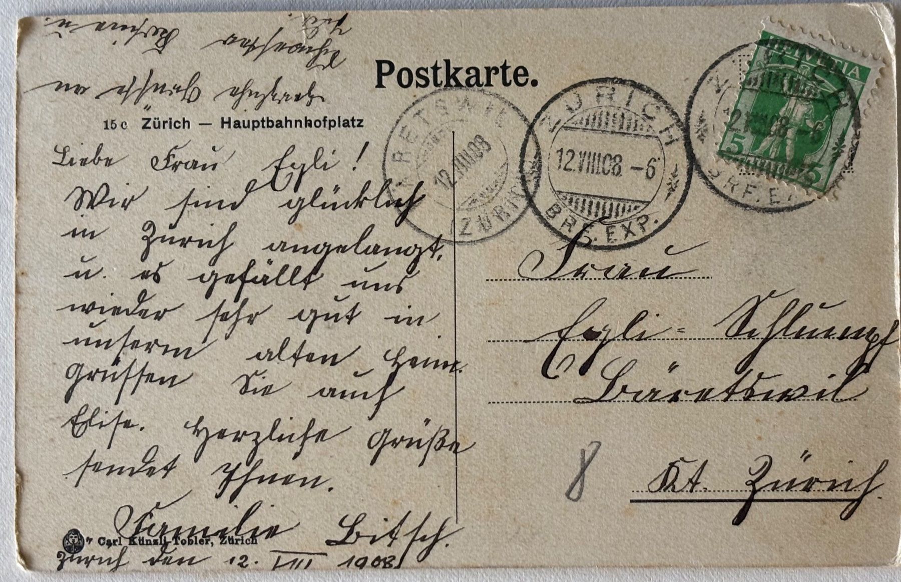 Ansichtskarten: Zürich, Bahnhof, Tram, Pferdekutsche, 1908 – Gebraucht aus Frauenfeld von Merk52 1