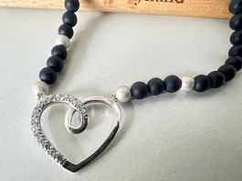Edles Onyx Armband mit Silber Herz, Silber Kugeln Zirkonia
