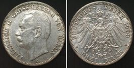 BADEN 3 Mark 1908 G, FRIEDRICH II. Silber ERHALTUNG! vz-st