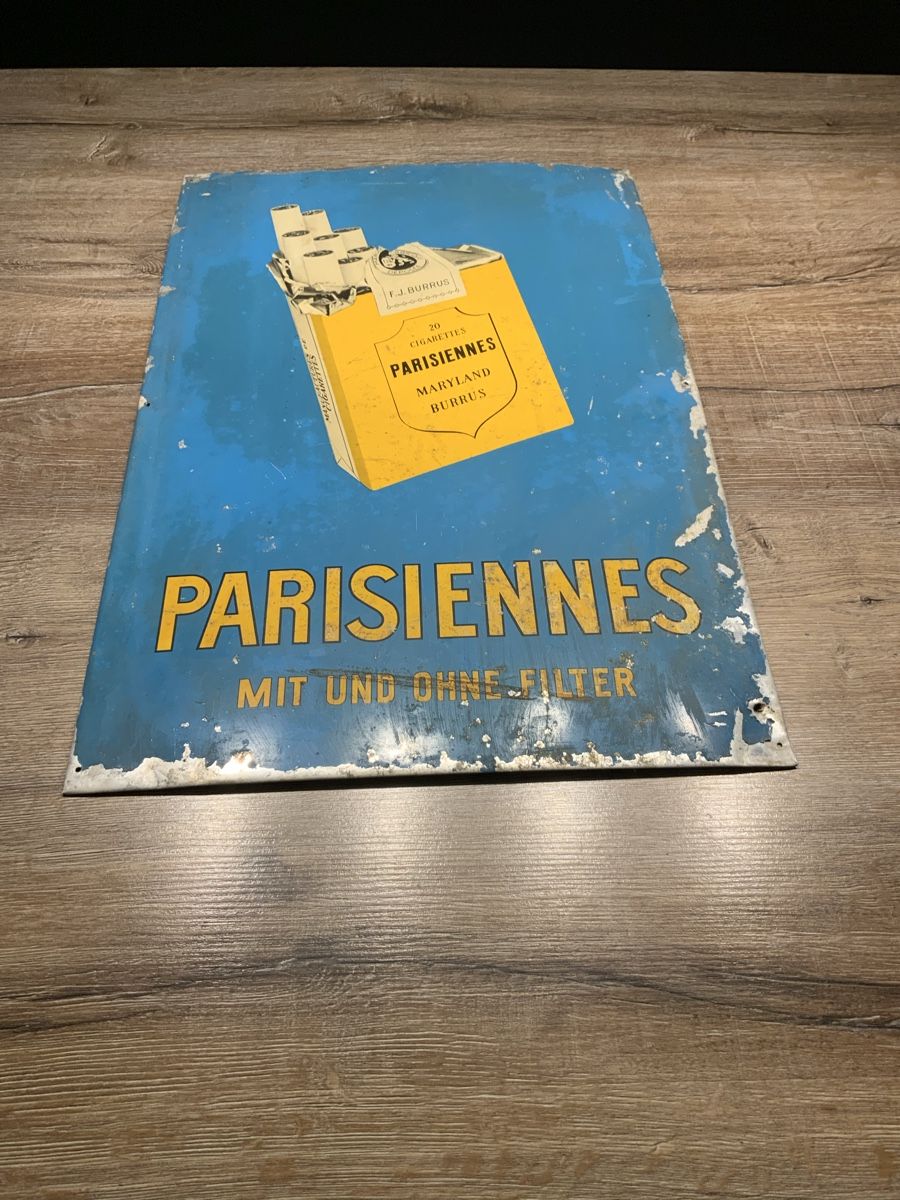 Insegne: Altes Blechschild Parisiennes Burrus – Usato da Willisau venduto da Minali 1