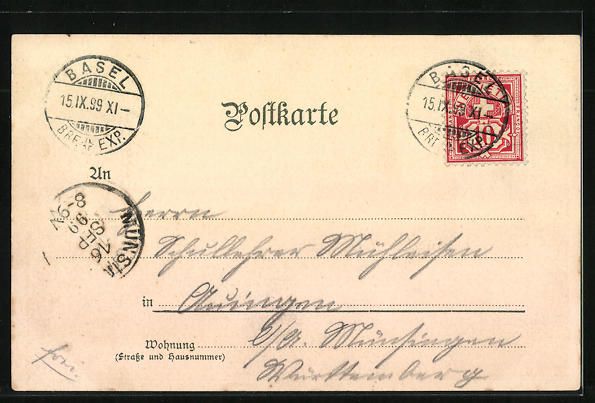 Cartoline postali: Basel, Ortspartie mit Kirche, 1899 – Usato da Berlin venduto da bartko-reher 1