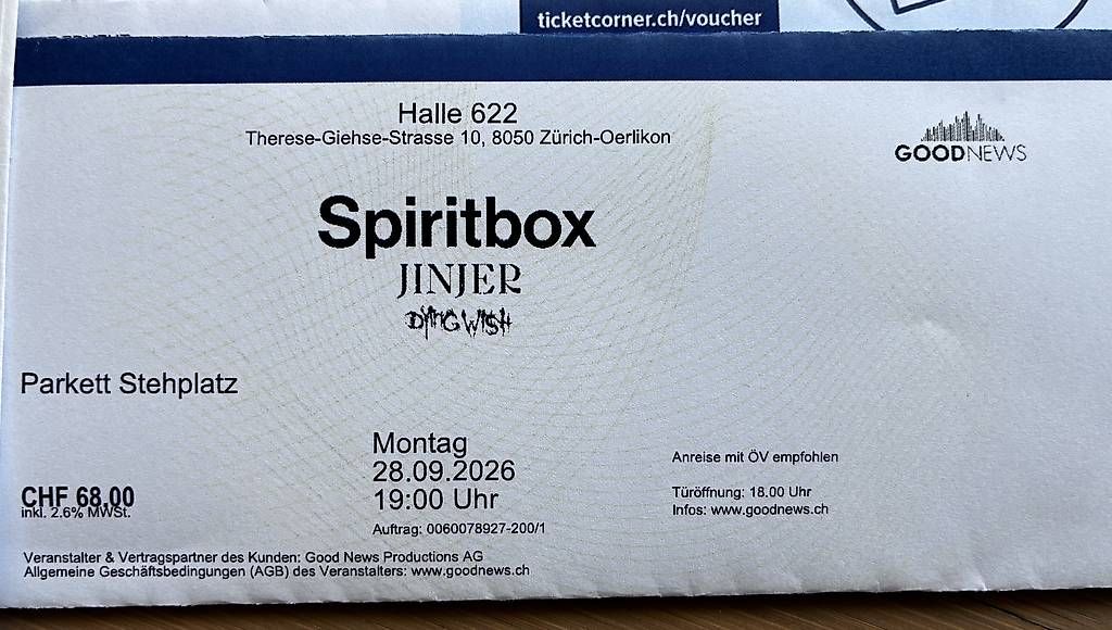 Tickets: SPIRITBOX Ticket – Gebraucht aus Altdorf UR von Patbritt