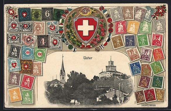 Ansichtskarten: Uster, Ortsansicht, Wappen und Briefmark – Gebraucht aus Berlin von bartko-reher