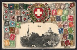 Uster, Ortsansicht, Wappen und Briefmark
