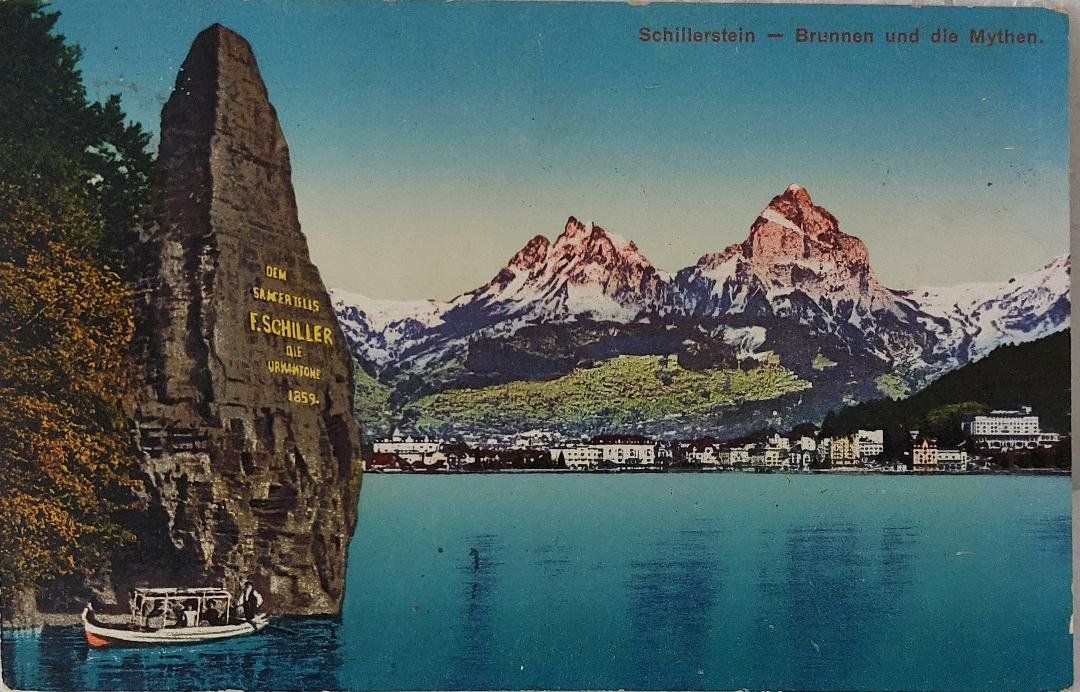 Cartoline postali: BRUNNEN - Schillerstein & Mythen - 1912 – Usato da Delémont venduto da Domdom1