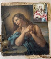 Antik Gemälde Maria Magdalena mit Schädel lose + Pergament