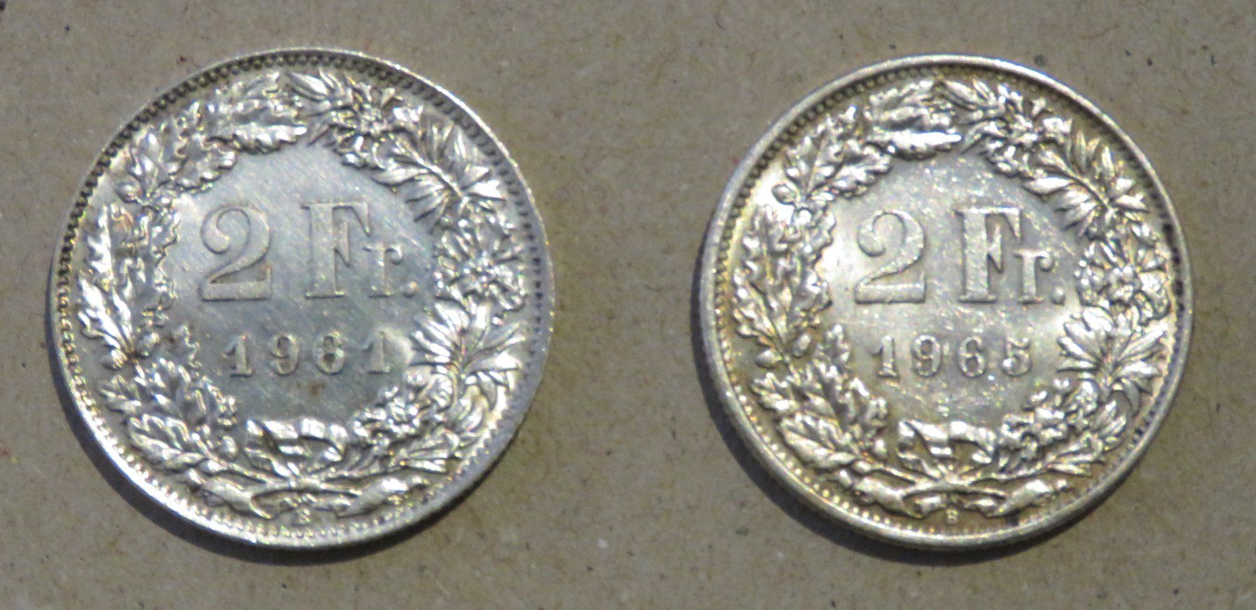 Alle Münzen: 2 x Fr. 2.- 1961 und 1965 Silber – Gebraucht aus Kreuzlingen von Koi4