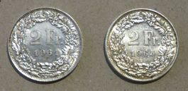 2 x Fr. 2.- 1961 und 1965 Silber