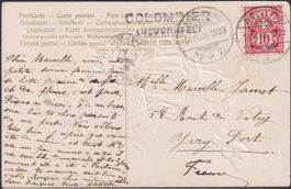 1906, Nr.83 auf Karte mit Stabstempel Colombier per Bahnpost