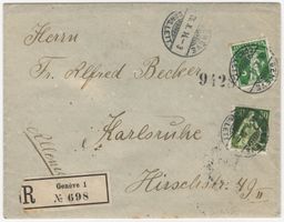 Grünfrankatur auf Chargé Beleg von GENÈVE nach KARLSRUHE