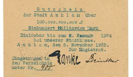 Anklam 100 Mrd.Mark+Stempel 05.11.1923 VZ+-VZ++