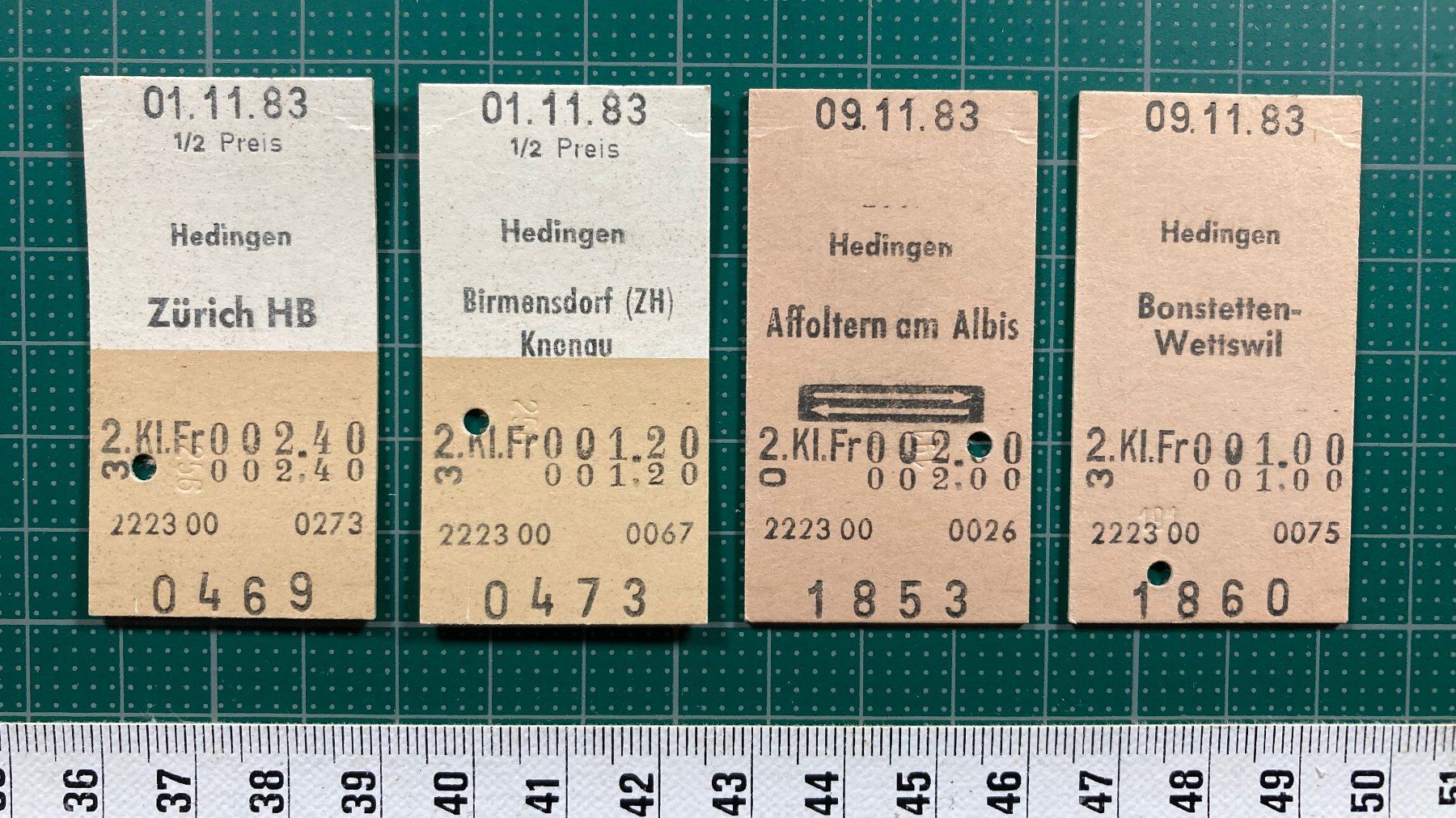 Tickets: Ab HEDINGEN, 4 Edmodnsonsche Bahn Billette, SBB – Gebraucht aus Lenzburg von fh1