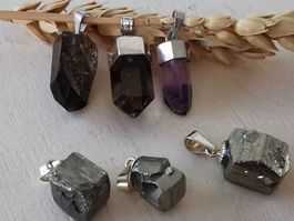 6 Stk. Anhänger Pyrit, Rauchquarz-& Amethyst-Spitzen