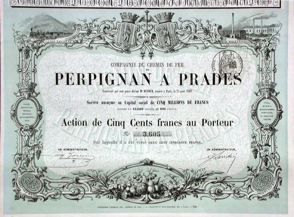 Documenti: Compagnie du Chemin de Fer Perpignan à Prades - 1867 – Usato da Solothurn venduto da Sgasche