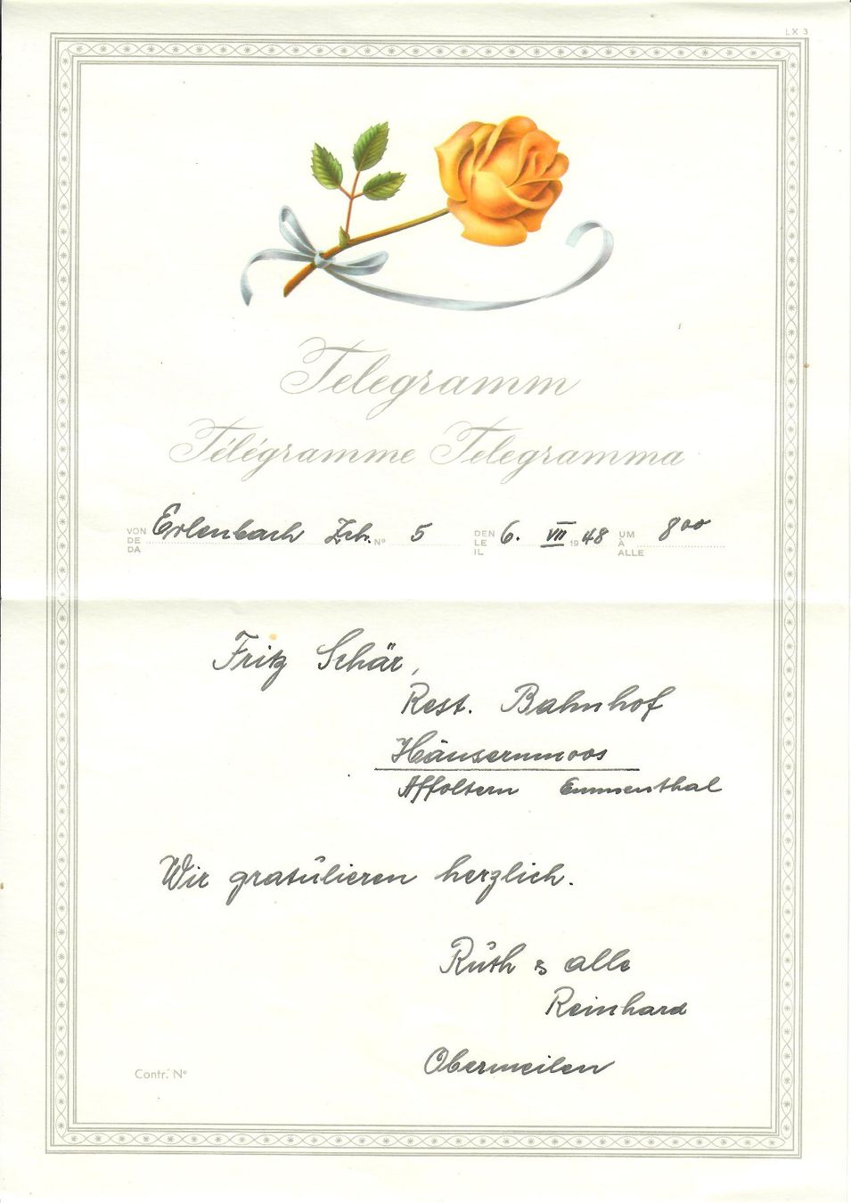 Alle Briefmarken: 1948: Telegramm  Balkenstempel Telephonbureau Trubschachen – Neu (gemäss Beschreibung) aus Endingen von briefmarkenmeier57 1