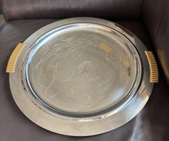 Vintage Serviertablett, Metall, Goldakzente,  40cm Durchm.
