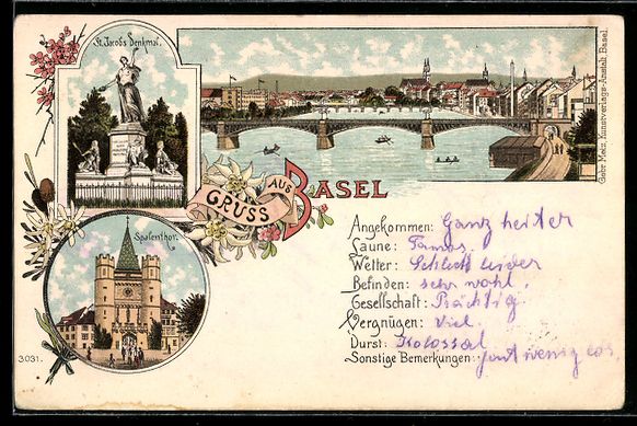 Ansichtskarten: Litho Basel, Panorama mit Rheinbrücke,  – Gebraucht aus Berlin von bartko-reher