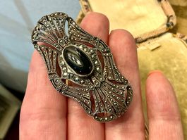 JUGENDSTIL XL BROSCHE STERLING 925,ONYX,MARKASITE UM 1900