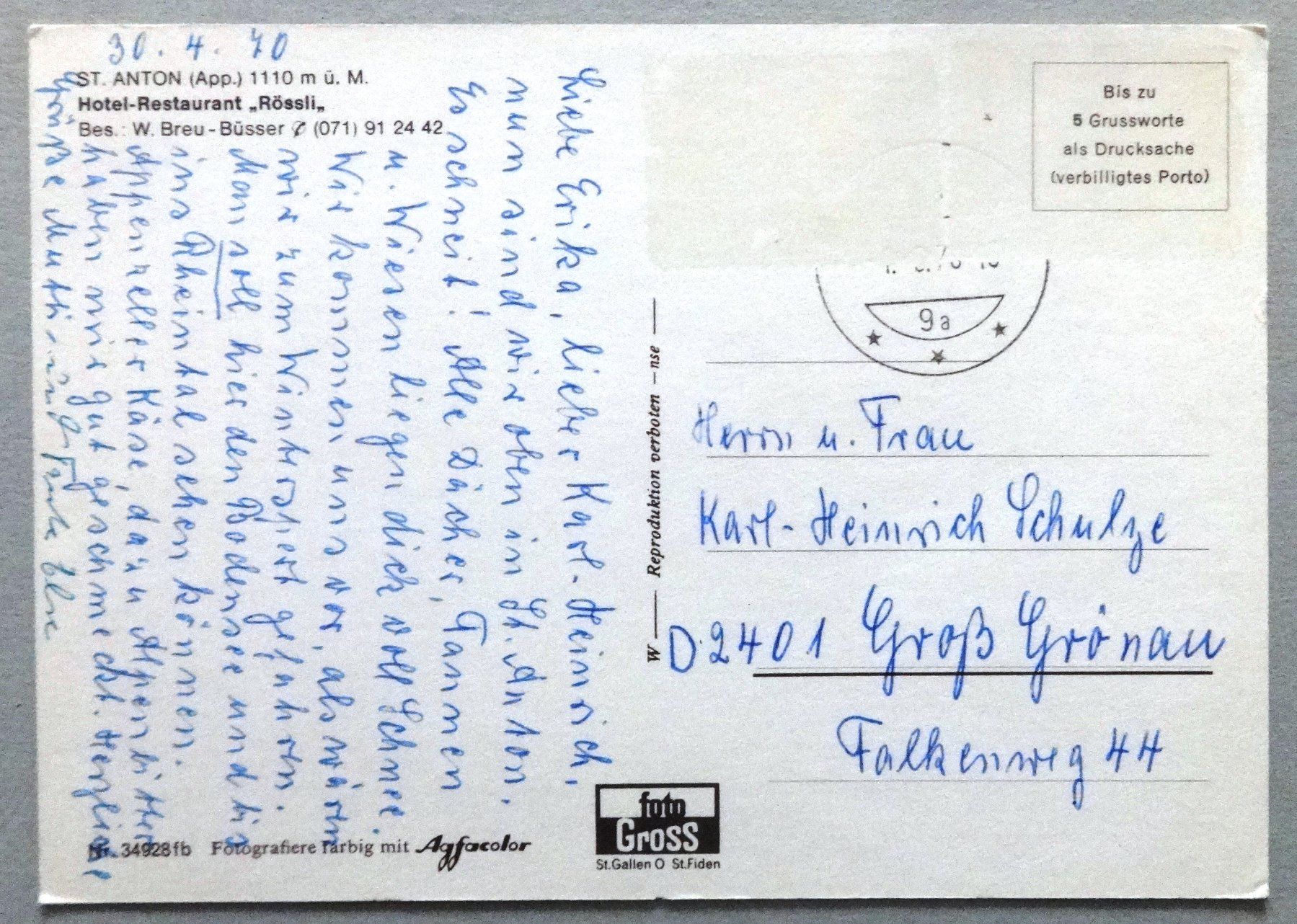 Cartoline postali: St. Anton (App.), Hotel-Rest. "Rössli" – Difettoso da Fétigny venduto da Billy2miny 1